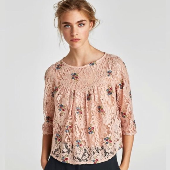 Zara Tops - ZARA | NUDE PINK BLOUSE WITH FLORAL EMBROIDERY